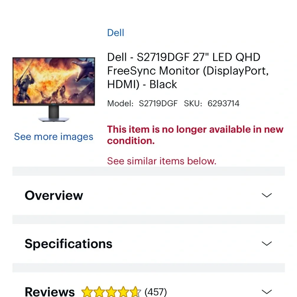 Dell gaming monitor 27” 1440P resolution LED
